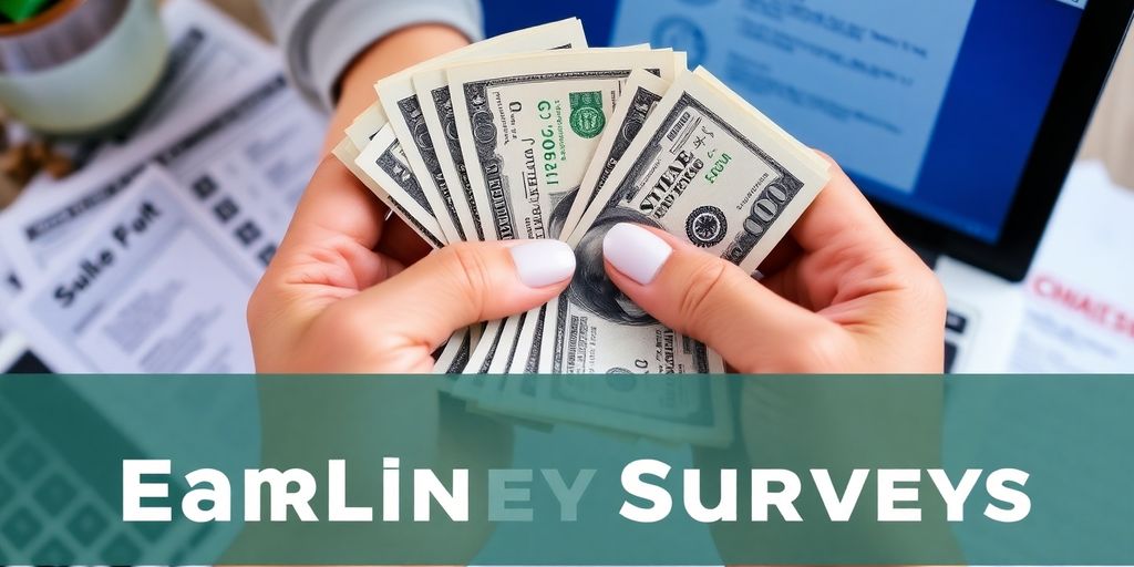 Hands holding cash with survey forms and a laptop.