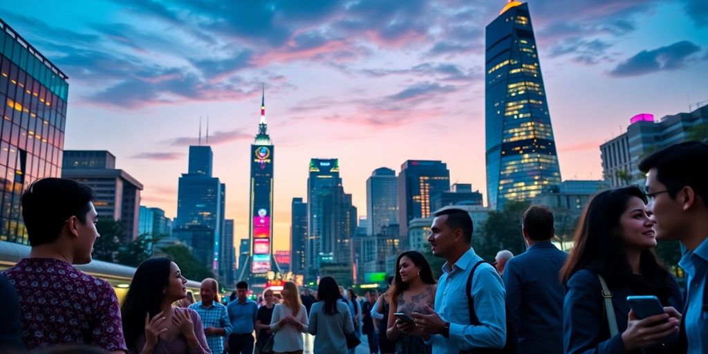 City skyline at dusk with diverse people discussing investments.