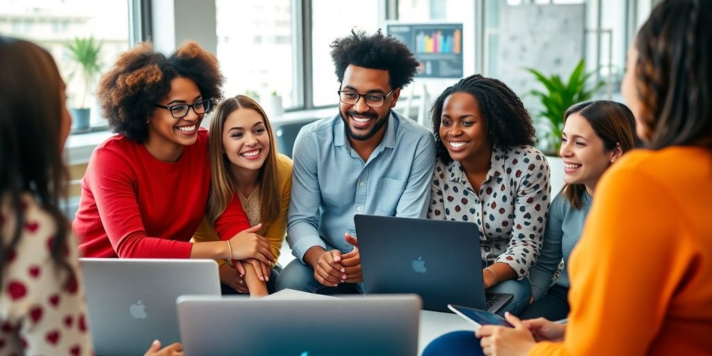 Group of diverse individuals collaborating on marketing strategies.