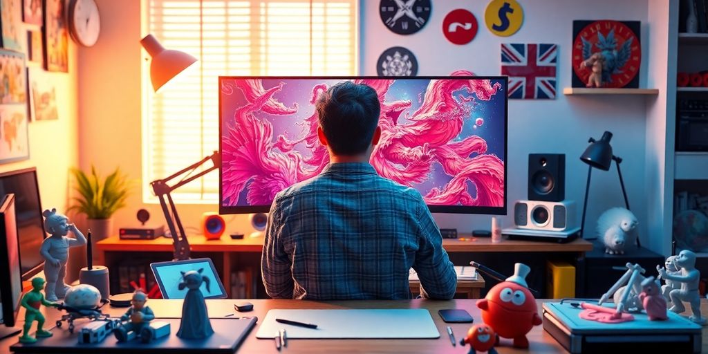 3D artist working in a creative environment.