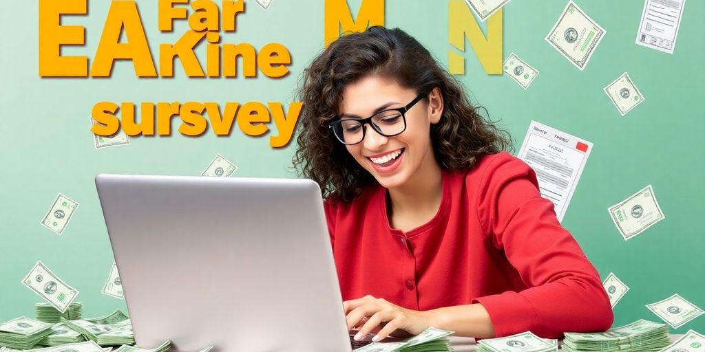 Person using laptop with cash and survey forms nearby.