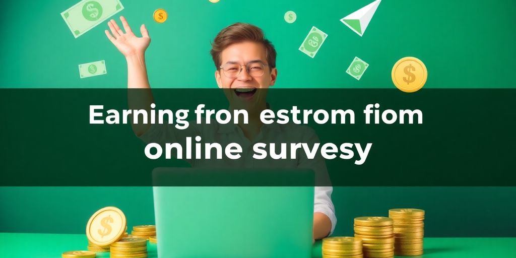 Person using laptop with money and survey icons around.