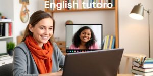 Smiling tutor on laptop in a cozy workspace.