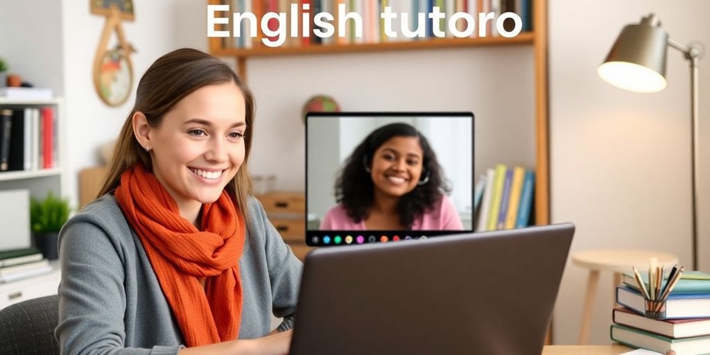 Smiling tutor on laptop in a cozy workspace.