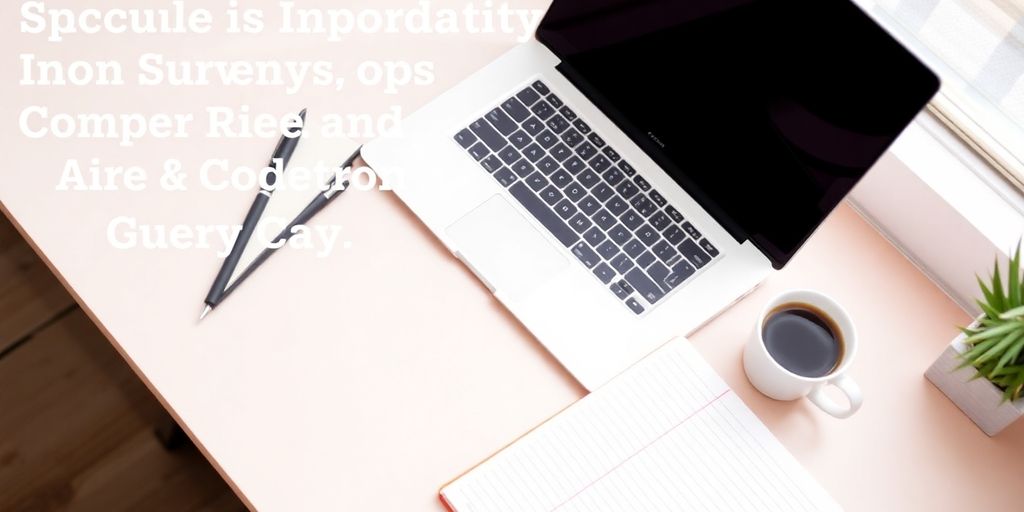 A workspace with laptop, notebook, and coffee cup.