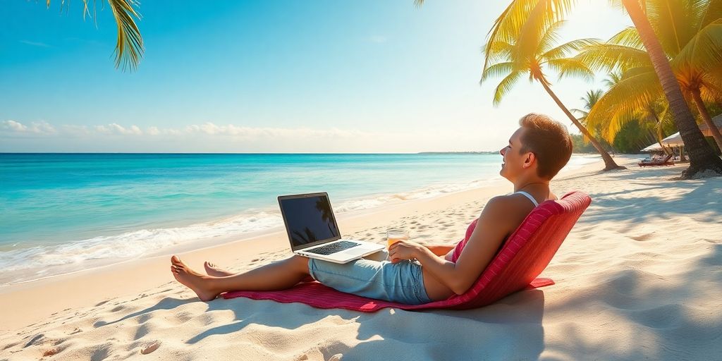 Person working on laptop at beach with palm trees.