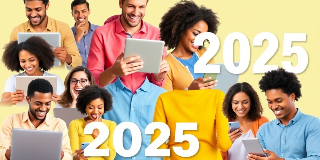 Diverse people using devices to earn money from surveys.