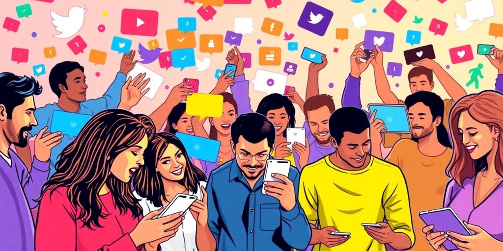 Diverse people using devices in a vibrant social media setting.