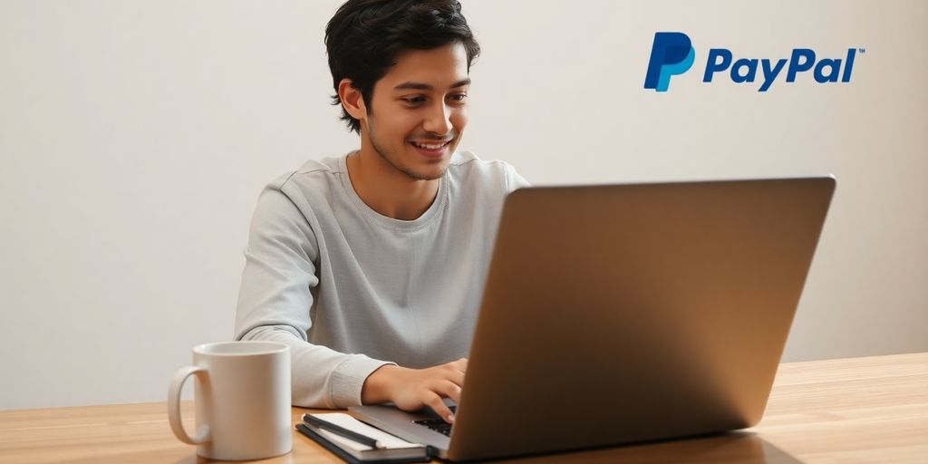 Person taking online survey on laptop for PayPal earnings.