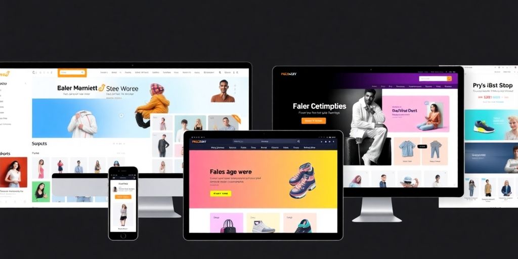 Ecommerce website templates on digital devices with vibrant designs.