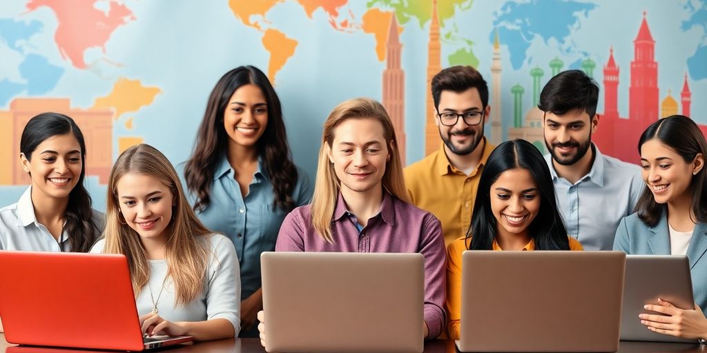 Diverse tutors teaching online with laptops and global backgrounds.