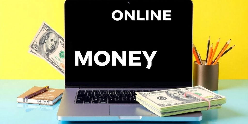 Laptop and dollar bills for online surveys and earnings.