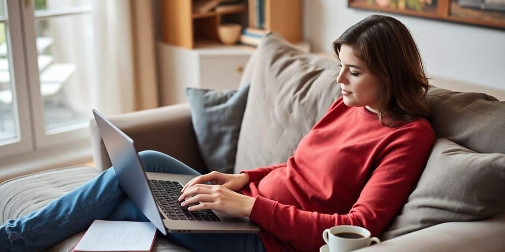 Person working on a laptop while answering surveys at home.