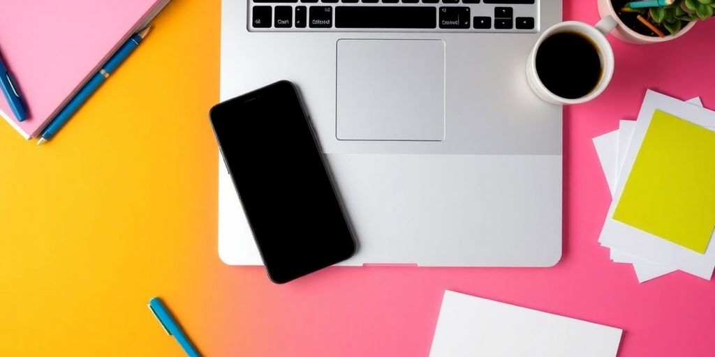 Flat lay of laptop, smartphone, and coffee cup.