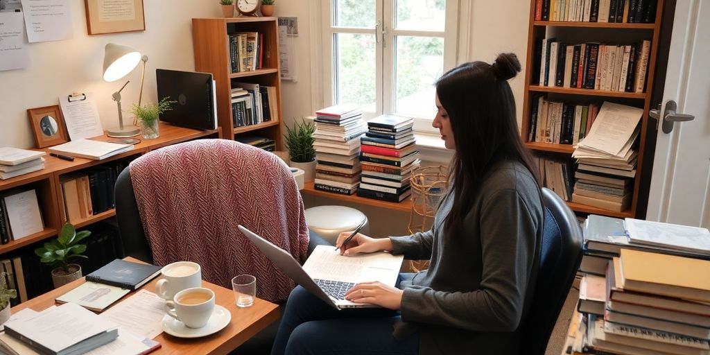 Freelancer translating on laptop in a cozy workspace.