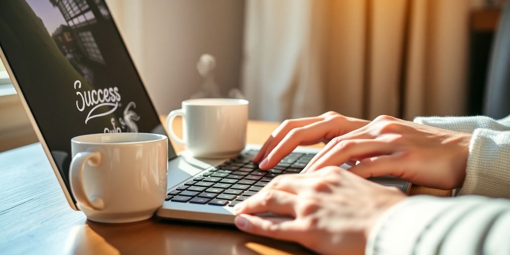 Person typing on laptop, coffee, sunny window, happy.