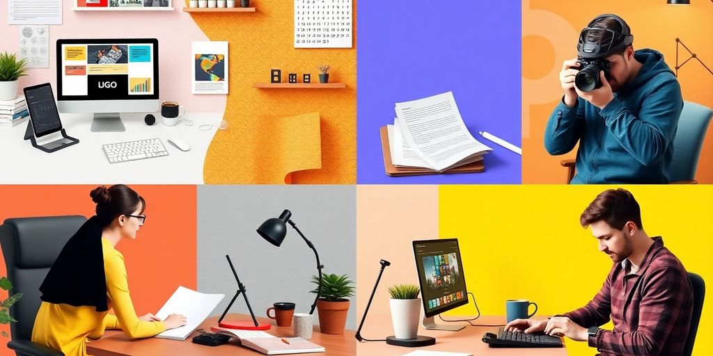 Collage of diverse freelance professionals in action.