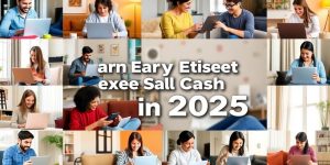 People happily engaging in online surveys for cash.