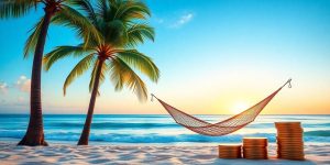 Beach hammock with coins, symbolizing passive income lifestyle.