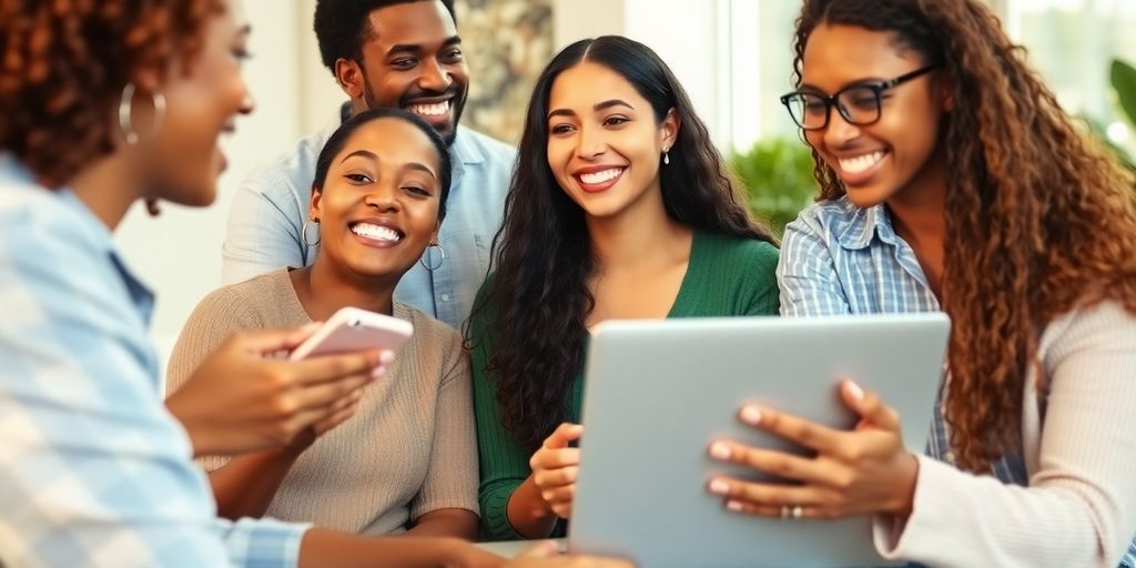 Diverse people happily taking online surveys on devices.