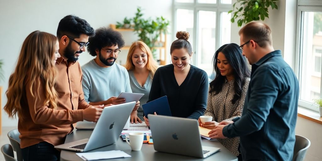 Diverse freelancers collaborating in a bright workspace.