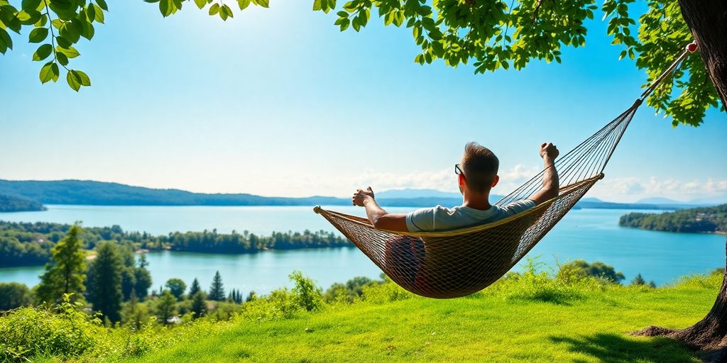 Person relaxing in a hammock by a peaceful lake.