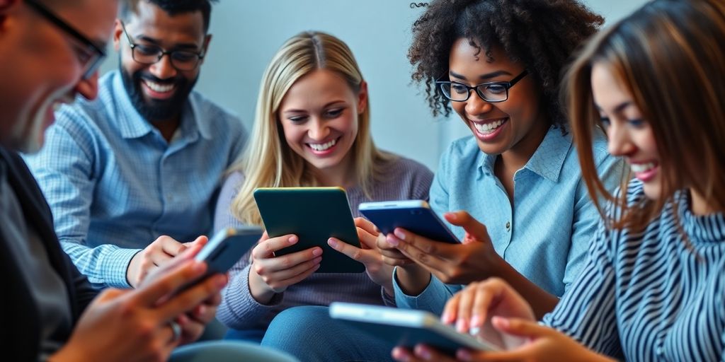 Diverse people engaged in online surveys, smiling and focused.