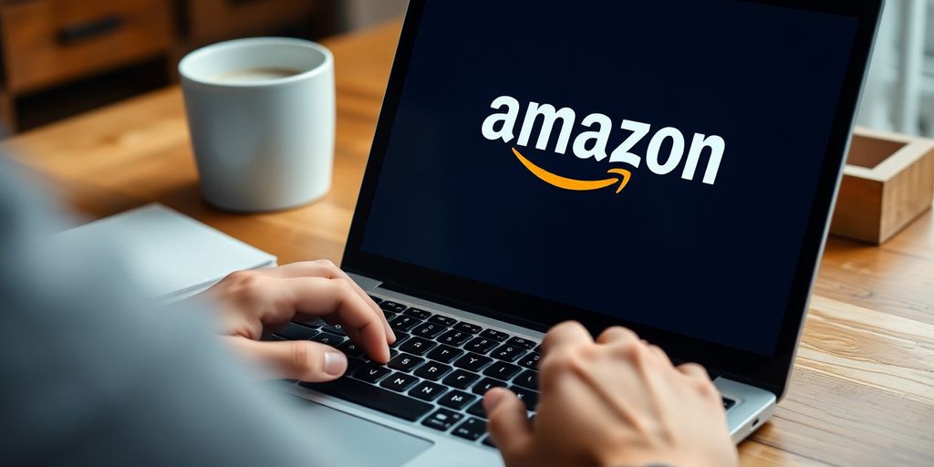 Person using laptop with Amazon logo in cozy workspace.