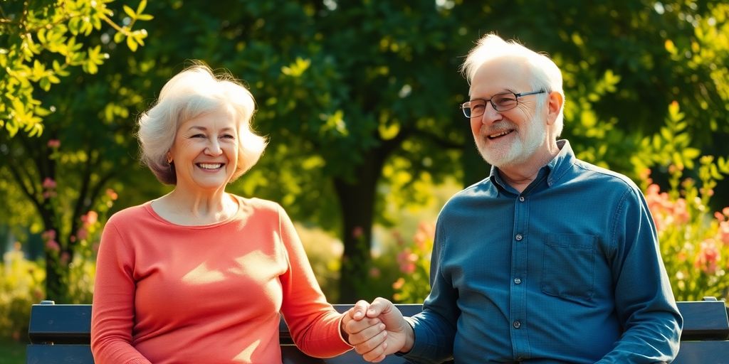 Elderly couple enjoying retirement, financial security.