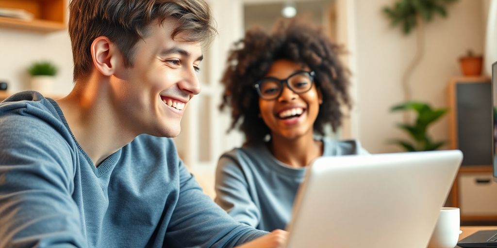 Student and tutor smiling during a remote English lesson.
