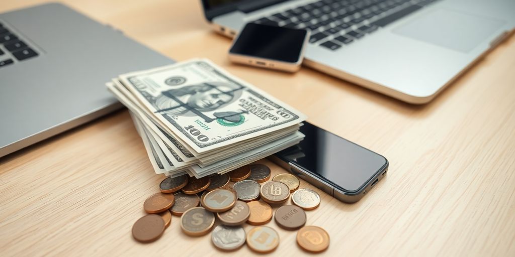 Stack of dollar bills, coins, smartphone, laptop.