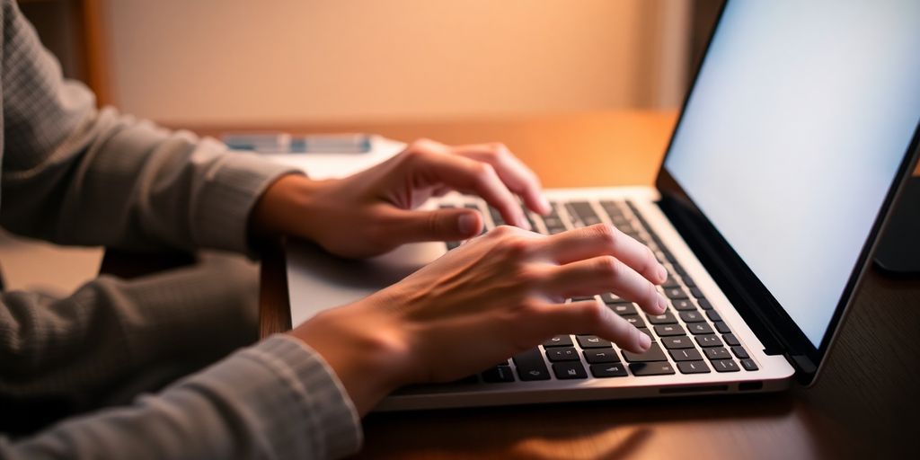 Person writing on a laptop, close-up.