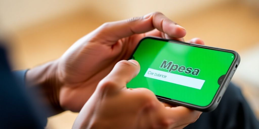 Person holding phone with Mpesa screen.