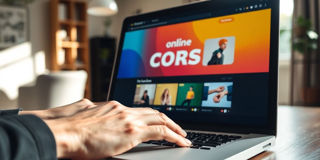 Laptop on desk with bright online course interface